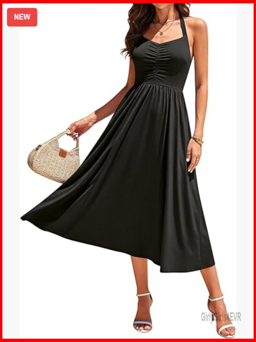 Halter Floral Midi Dress Ruched Backless A-Line Flow Summer Wedding Guest